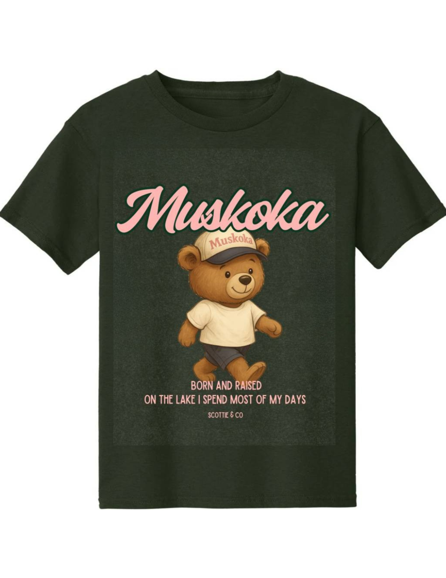 Born And Raised Tee (Pink Bear) - Forest Green | Kids Signature Tee