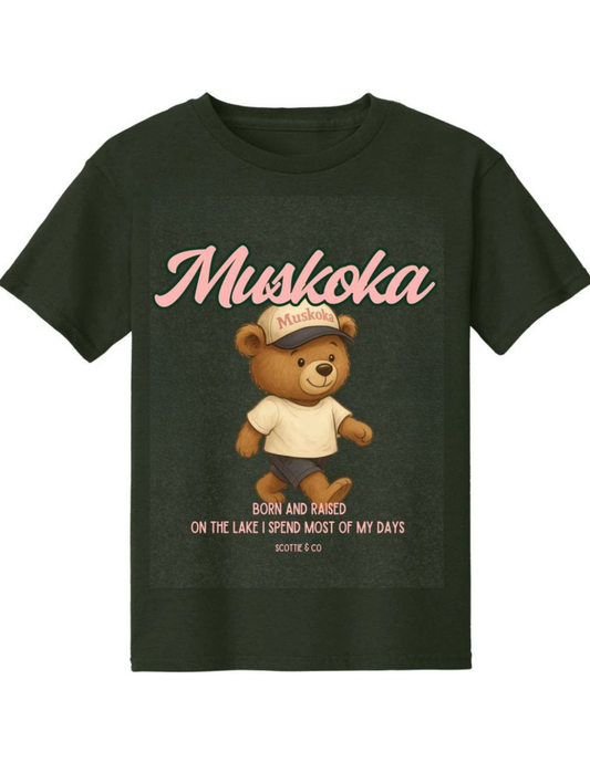 Born And Raised Tee (Pink Bear) - Forest Green | Kids Signature Tee